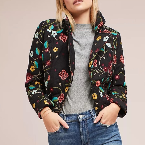 Anthropologie Seen Worn Kept Martika Floral Embroidery Quilted Coat Moto Zip M - Picture 1 of 14